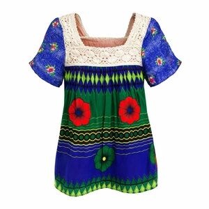 Karma Crochet Yoke Floral Tunic in Blue, Green & Red